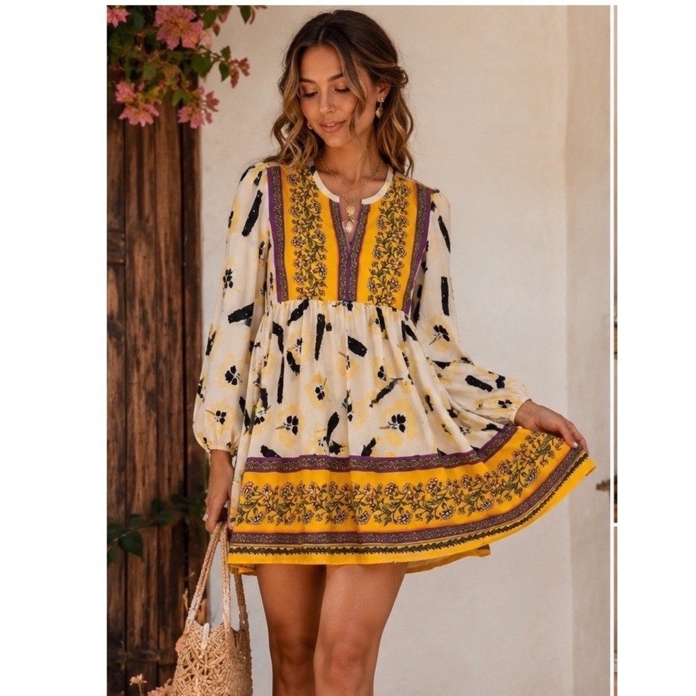 Melloday Boho Prairie Whimsical Cottagecore Floral Babydoll Dress Artsy Folk SzL
